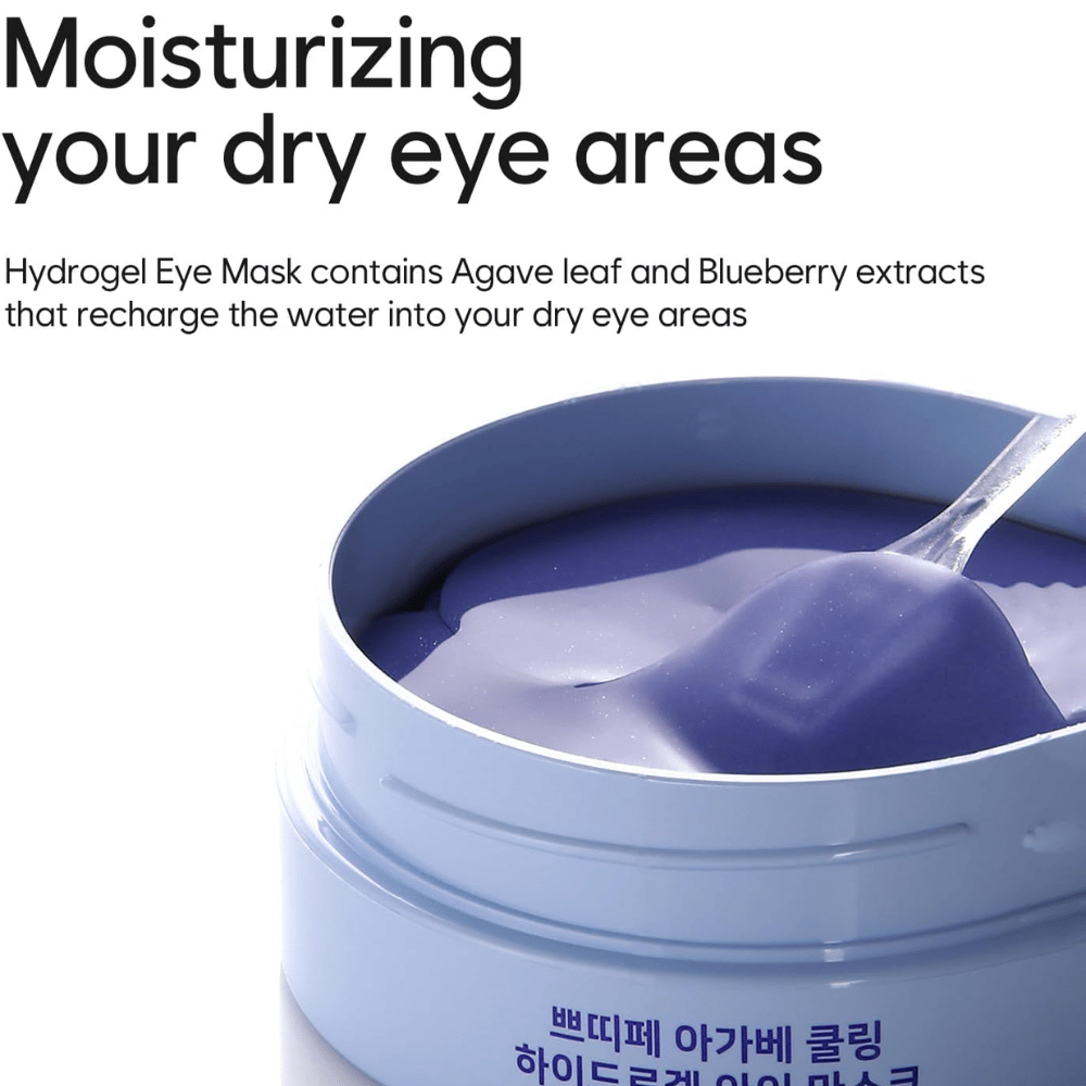 Produktbilde av Agave Cooling Hydrogel Eye Mask med fokus på fuktighet til tørre områder rundt øynene. Bildet viser hydrogel-formelen og den medfølgende spatelen.