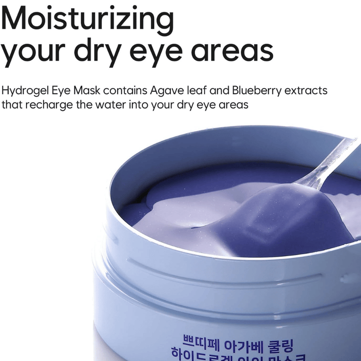 Produktbilde av Agave Cooling Hydrogel Eye Mask med fokus på fuktighet til tørre områder rundt øynene. Bildet viser hydrogel-formelen og den medfølgende spatelen.