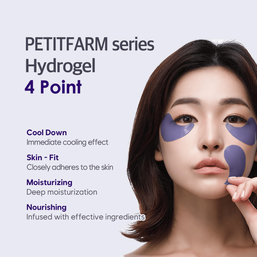Kampanjebilde med modell som bruker PETITFARM Hydrogel Eye Mask. Bildet fremhever fire hovedfordeler: kjølende effekt, hudtilpasset passform, dyp fuktighet og nærende ingredienser.