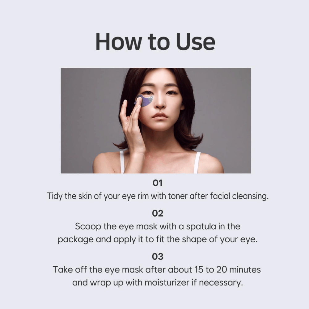 Instruksjonsbilde som viser hvordan PETITFARM Hydrogel Eye Mask påføres etter rens og toner. Guiden beskriver trinn for trinn hvordan eye patches brukes for fuktighet og kjølende pleie rundt øynene.