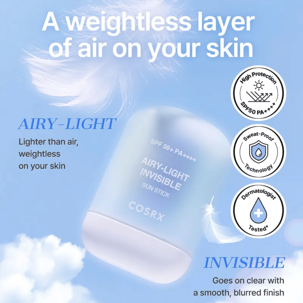 COSRX Airy-Light Invisible Sun Stick – ultralett solbeskyttelse med SPF 50+ og PA++++, gir en vektløs, usynlig finish.