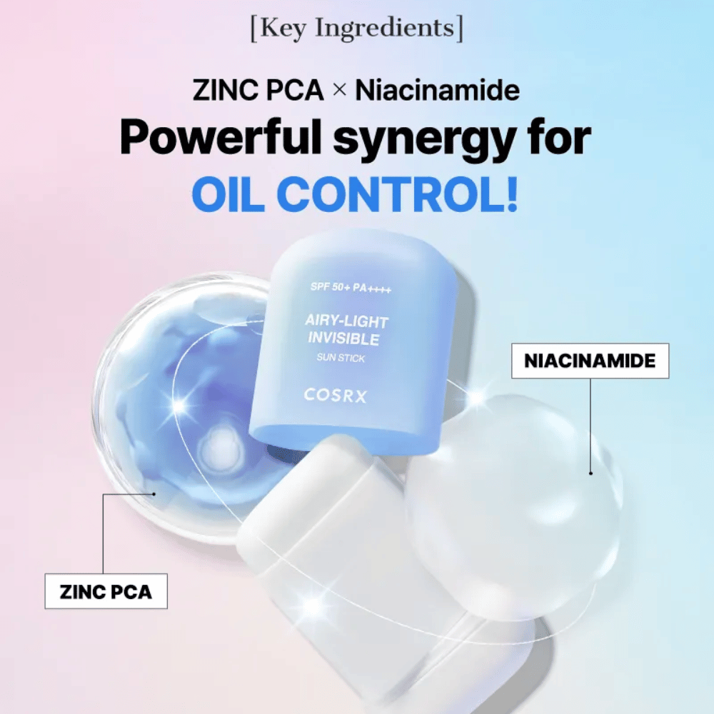 Nøkkelingredienser i COSRX Airy-Light Invisible Sun Stick – Sink PCA og Niacinamid for effektiv talgkontroll og klar hud.