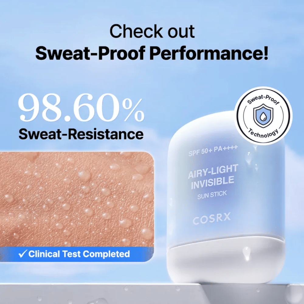 COSRX Airy-Light Invisible Sun Stick med 98,6 % svetteresistens – bevist sweat-proof teknologi for langvarig beskyttelse.
