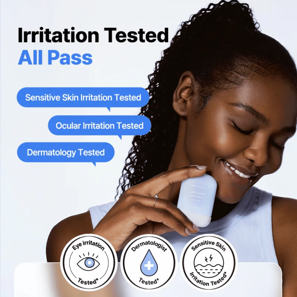 Klinisk testet COSRX Airy-Light Invisible Sun Stick – testet for sensitiv hud, øyeirritasjon og dermatologisk godkjent.