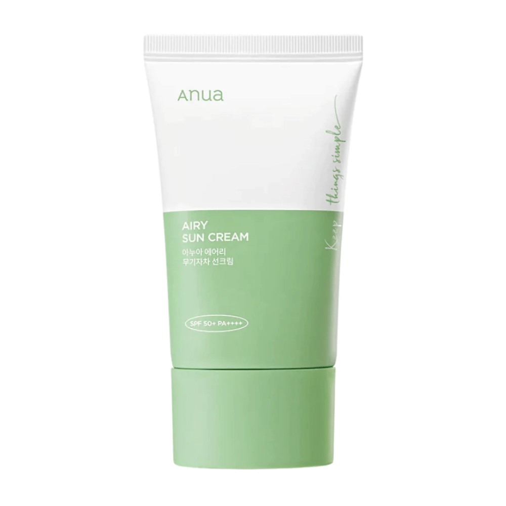 En tube av Anua Airy Sun Cream med SPF 50+ PA++++ på en hvit bakgrunn.