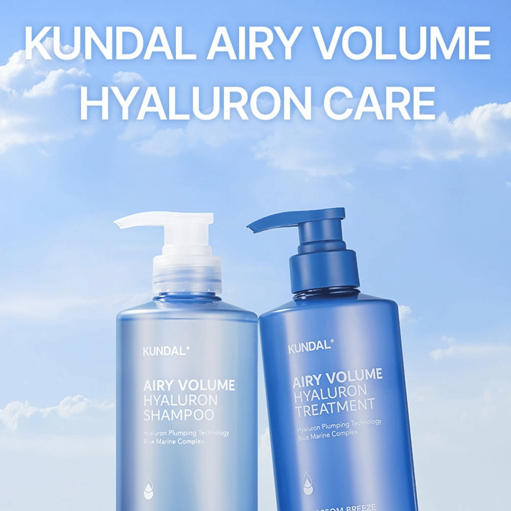 KUNDAL Airy Volume Hyaluron Shampoo og Treatment i blå pumpeflasker, hårpleie med hyaluron og Blue Marine Complex.