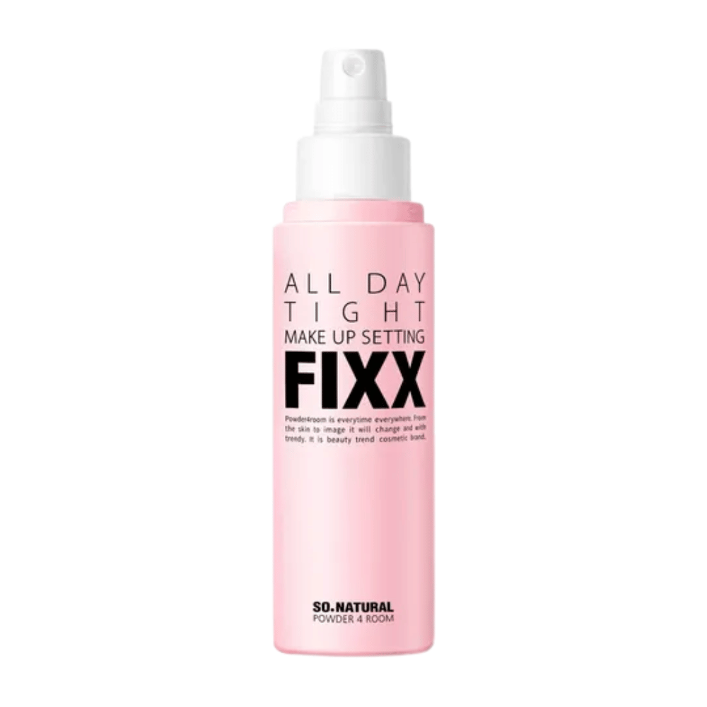 So Natural All Day Tight Make Up Setting Fixx setting spray i rosa flaska med fin mist som håller sminket på plats hela dagen