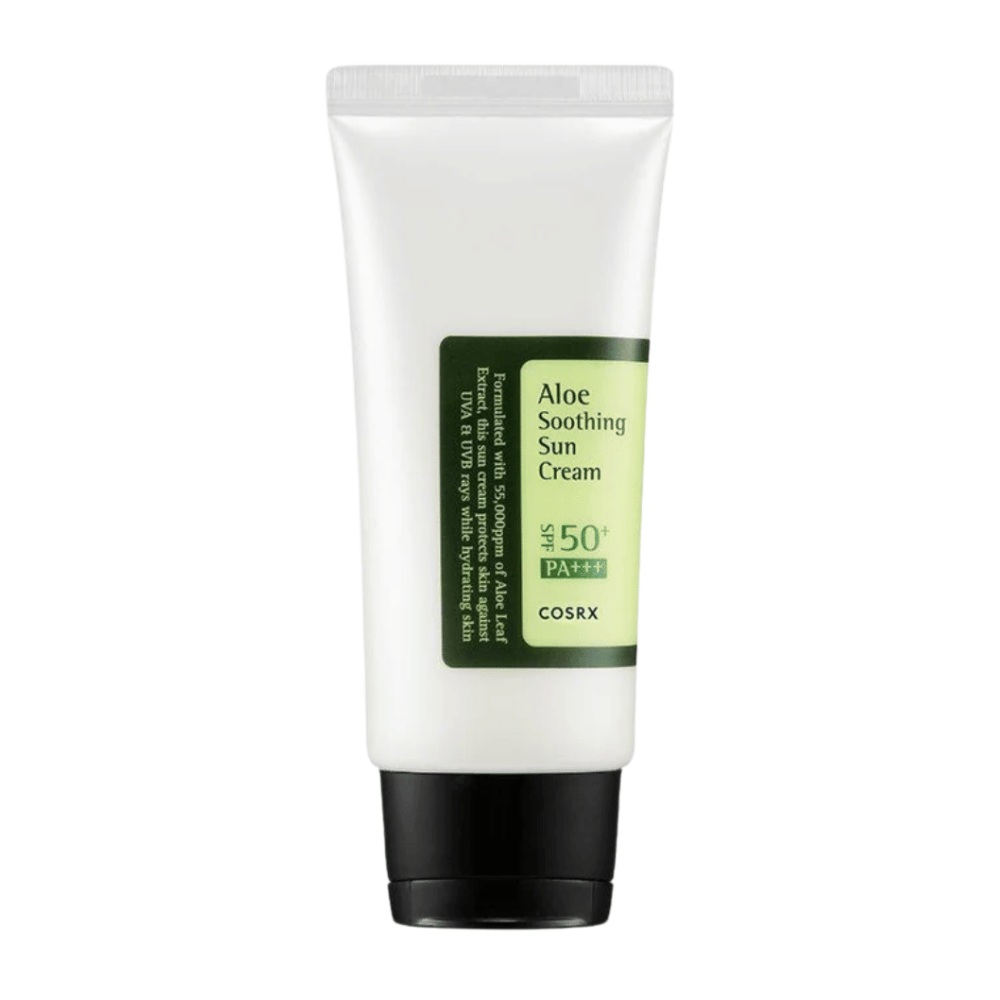 COSRX Aloe Soothing Sun Cream SPF 50+ PA+++ i hvit tube med svart kork – solkrem med aloe vera som beskytter og beroliger huden.