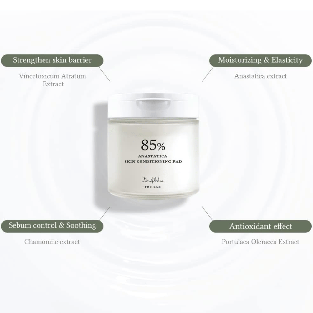 Dr. Althea 85% Anastatica Skin Conditioning Pad med Anastatica-ekstrakt, kamille, portulakk og Vincetoxicum-ekstrakt som styrker hudbarrieren og beroliger huden.