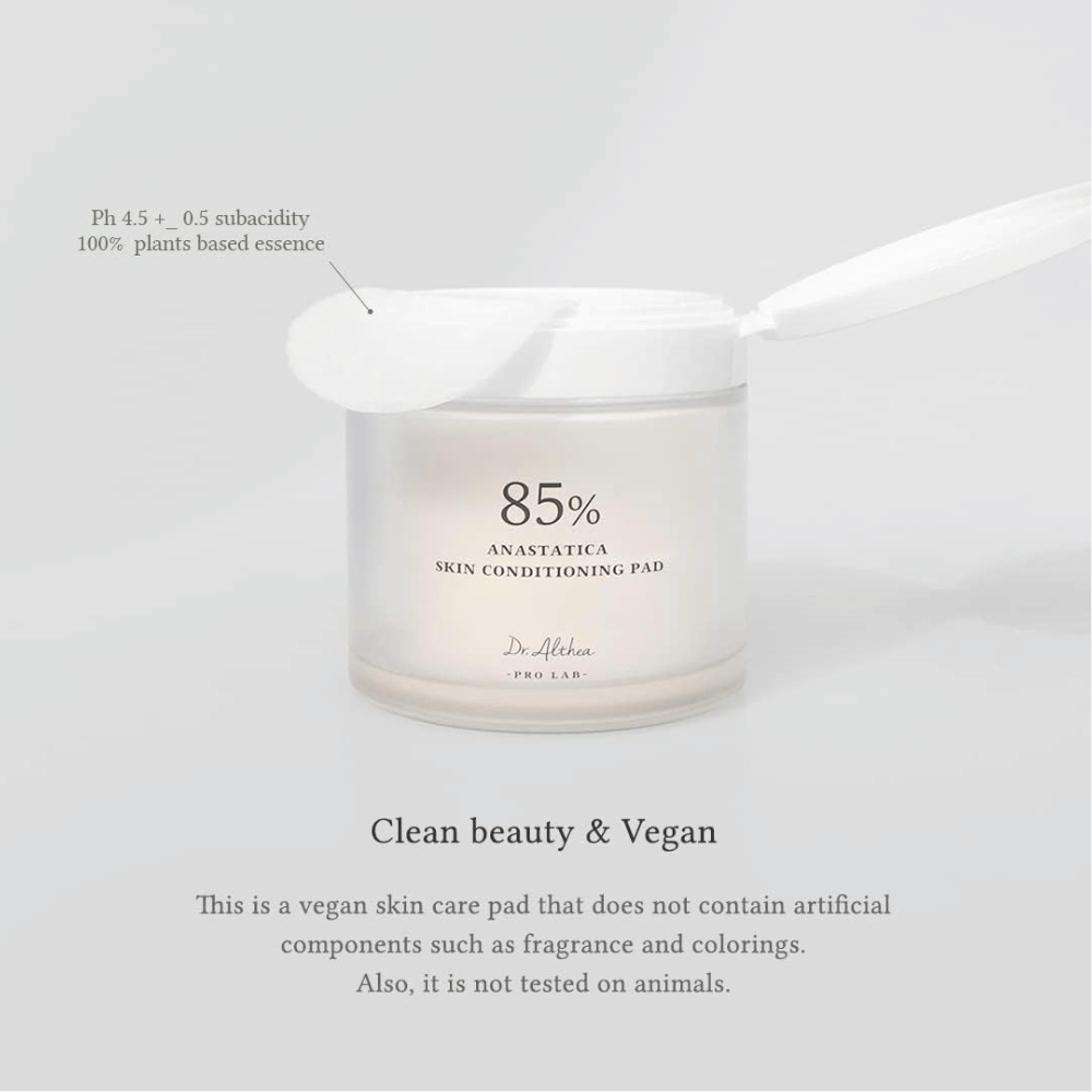 Dr. Althea 85% Anastatica Skin Conditioning Pad er veganske toner pads uten kunstige duft- og fargestoffer, utviklet for sensitiv hud.