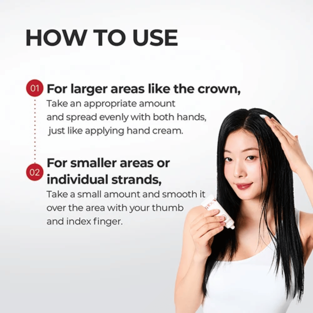 1. MOEV Annurcatin No Sebum Hair Cream – instruksjoner for påføring i hodebunnen og på enkelte hårstrå