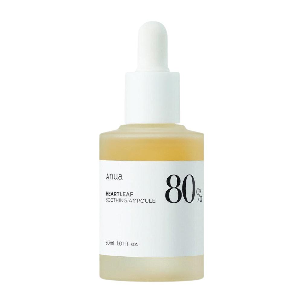 En Anua Heartleaf 80% beroligende ampull med hvit bakgrunn.
