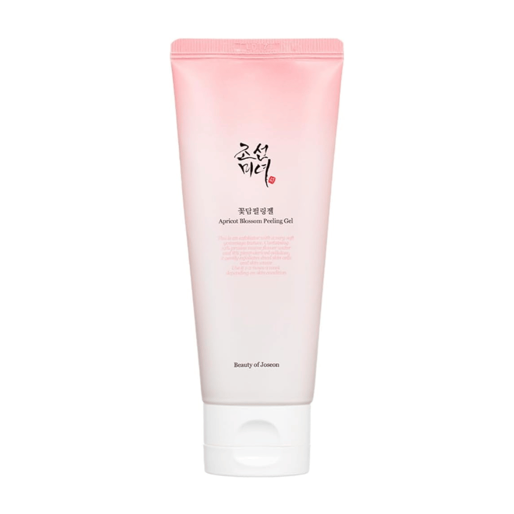 En rosa tube med Apricot Blossom Peeling Gel fra Beauty of Joseon på en hvit bakgrunn.