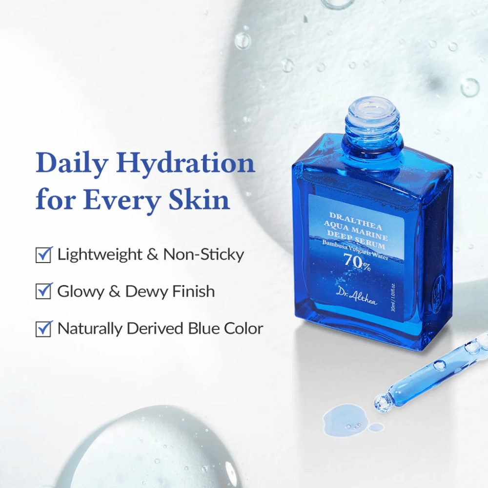 Dr. Althea Aqua Marine Deep Serum i blå glassflaske med pipette, lett og ikke-klebrig formel som gir daglig fuktighet, glødende og duggfrisk finish samt naturlig blå farge for alle hudtyper.
