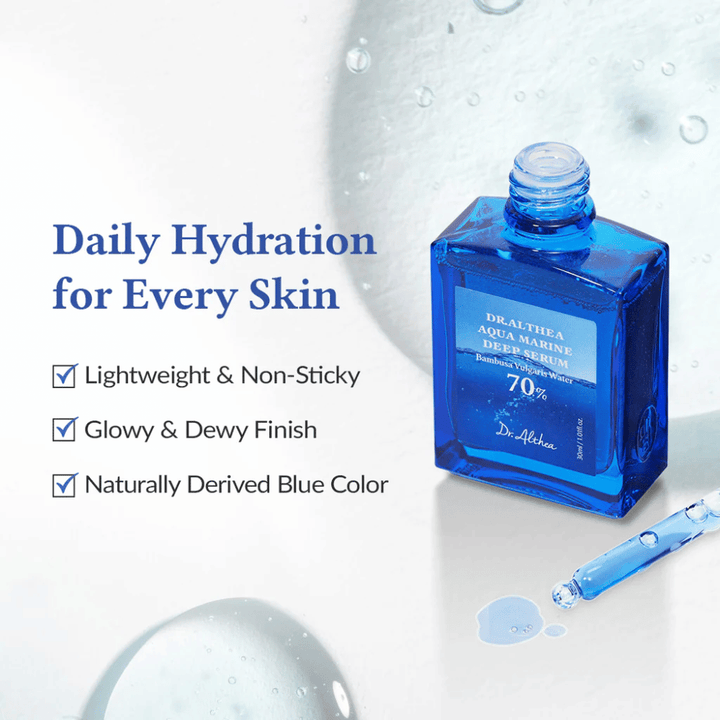 Dr. Althea Aqua Marine Deep Serum i blå glassflaske med pipette, lett og ikke-klebrig formel som gir daglig fuktighet, glødende og duggfrisk finish samt naturlig blå farge for alle hudtyper.