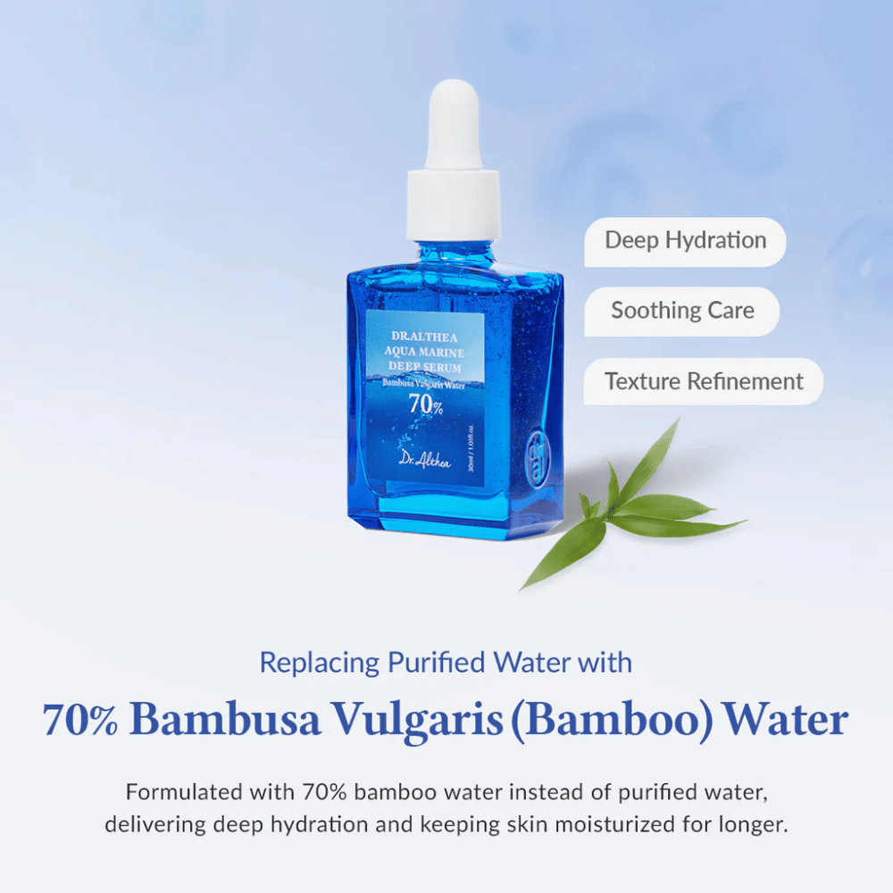 Dr. Althea Aqua Marine Deep Serum i blå glassflaske med pipette, formulert med 70 % Bambusa Vulgaris (bamboo) water for dyp fuktighet, beroligende pleie og forbedret hudtekstur.
