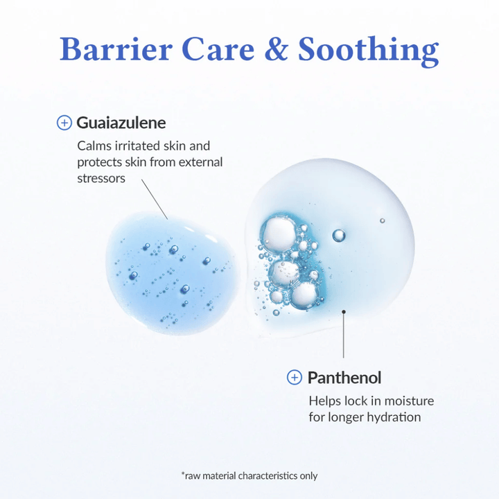 Barrier Care & Soothing i Dr. Althea Aqua Marine Deep Serum med guaiazulene som beroliger irritert hud og beskytter mot ytre stress, samt panthenol som binder fuktighet og styrker hudbarrieren for langvarig fuktighet.