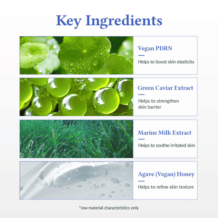 Nøkkelingredienser i Dr. Althea Aqua Marine Deep Serum – Vegansk PDRN for elastisitet, Green Caviar Extract som styrker hudbarrieren, Marine Milk Extract som beroliger huden samt Agave (vegansk honning) for jevnere hudstruktur.