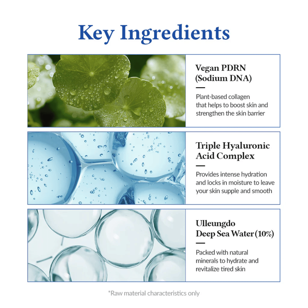 Nøkkelingredienser i Dr. Althea Aqua Marine Jelly Mist med vegan PDRN, hyaluronsyre og dypt havvann