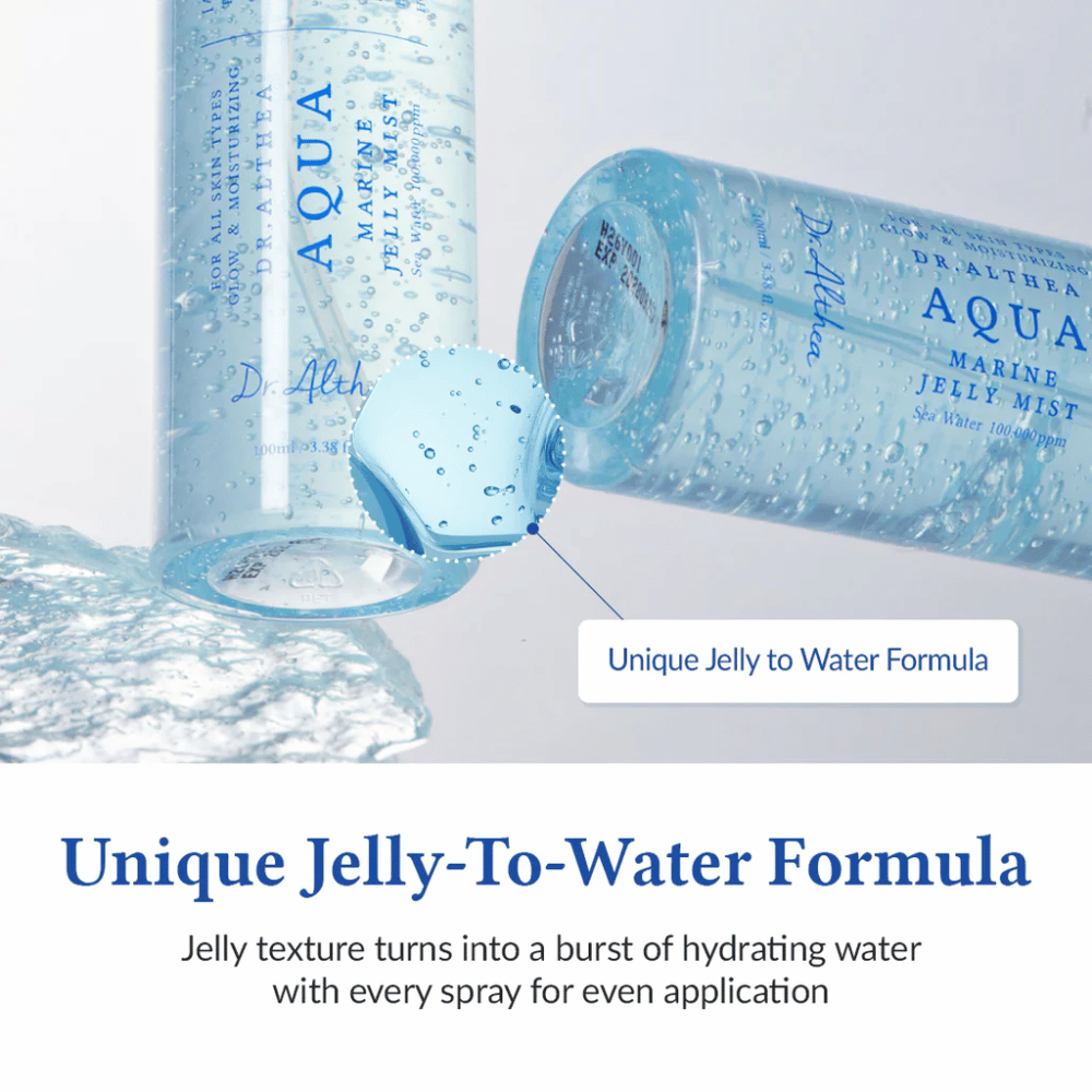 Dr. Althea Aqua Marine Jelly Mist med unik gelé-til-vann-formel som aktiveres ved spray og gir intensiv fuktighet
