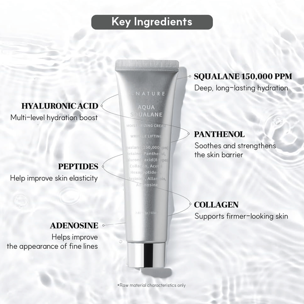 S.NATURE Aqua Squalane Moisturizing Cream med squalane, hyaluronsyre, panthenol, peptider og kollagen for fuktet og smidig hud.