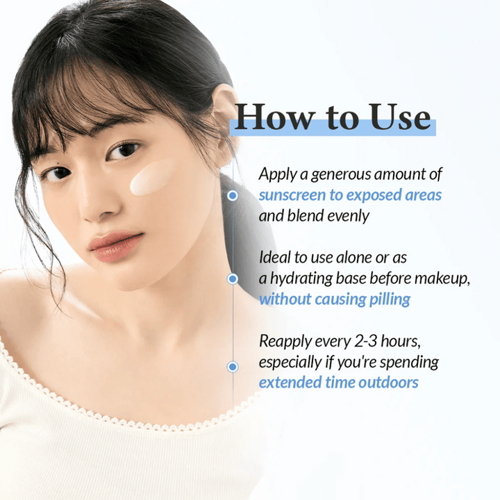 Kvinna med solkräm på kinden visar hur man använder produkten, med text som förklarar applicering, användning under makeup och återapplicering var 2–3 timme vid vistelse utomhus.
