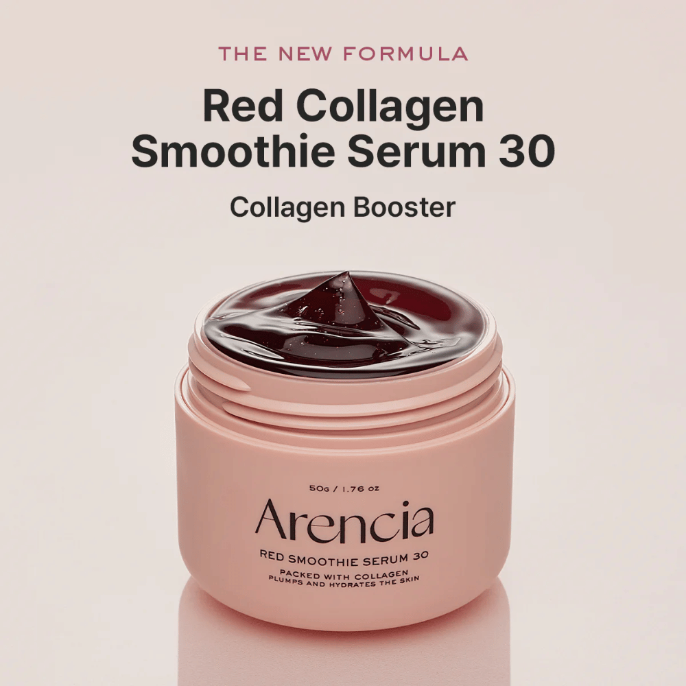 Arencia Red Smoothie Serum 30 i rosa krukke, ny formel som fungerer som collagen booster.