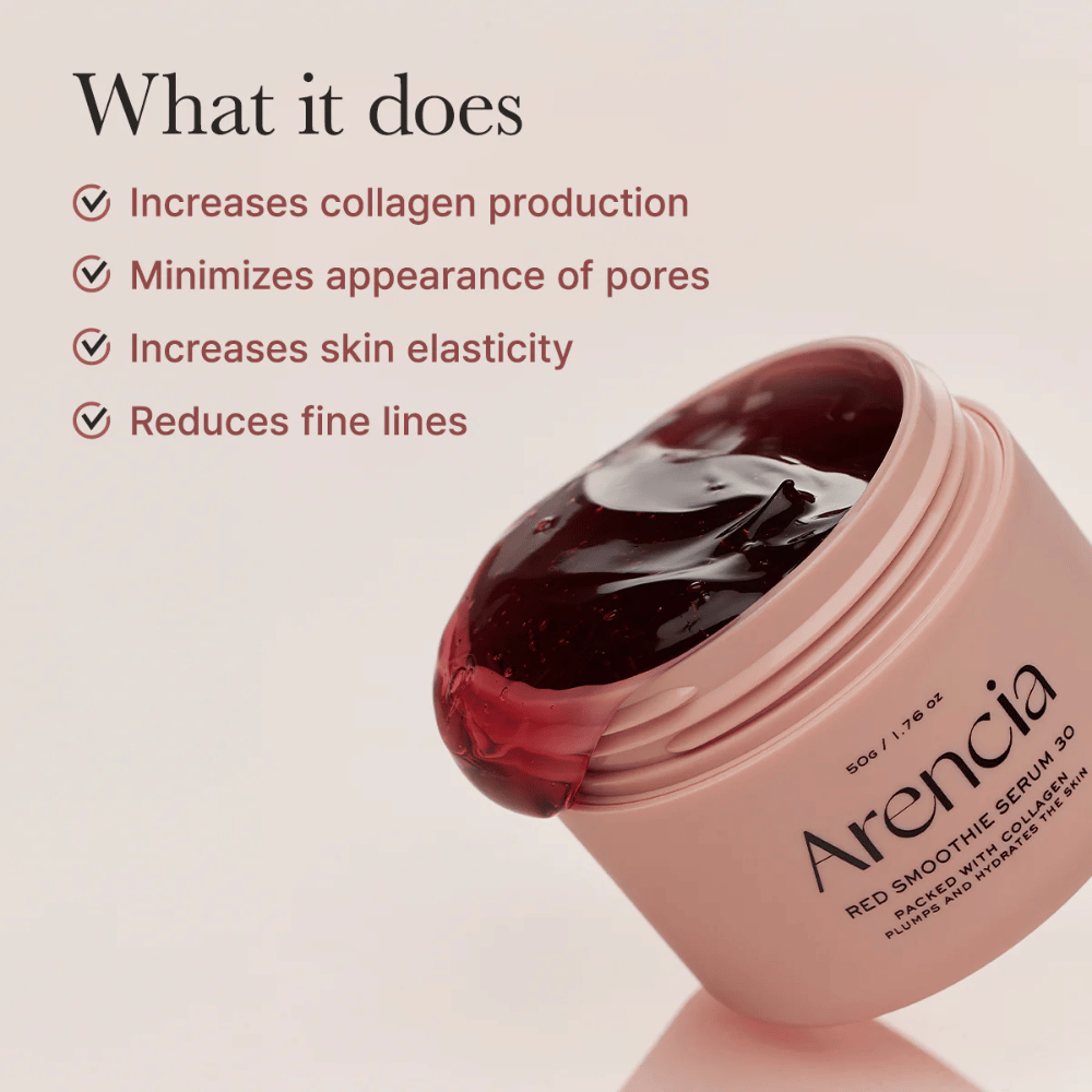Åpen krukke Arencia Red Smoothie Serum 30 med geléaktig tekstur, listet Fordeler: økt kollagen, minimerte porer, forbedret elastisitet, reduserte linjer.