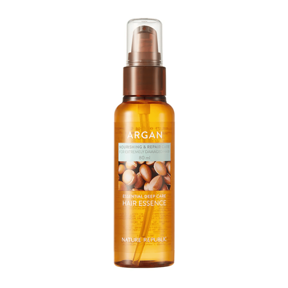 Produktbilde på Nature Republic Argan Essential Moisture Hair Oil 80 ml – næringsrik hårolje for tørt og skadet hår.