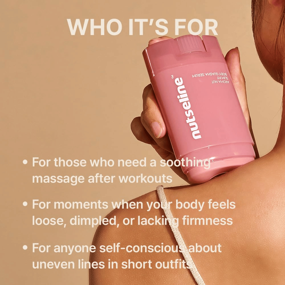 Modell holder Nuseline Aroma Nut Slim Fit Body Guasha Serum mot skulderen sammen med informasjon om hvilke brukere og behov produktet passer for.