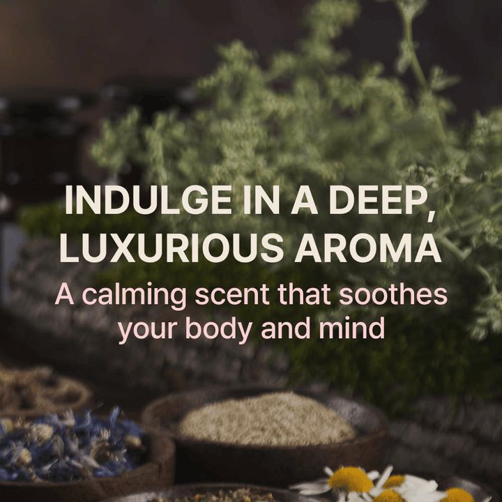 Stemningsbilde med urter og naturlige ingredienser sammen med tekst som fremhever produktets beroligende og luksuriøse aroma for kropp og sinn.