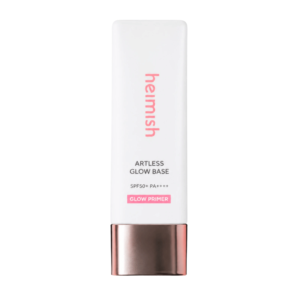 Heimish Artless Glow Base SPF50+ PA++++ – koreansk glow primer og solbeskyttelse i hvit emballasje med roségullfarget kork.