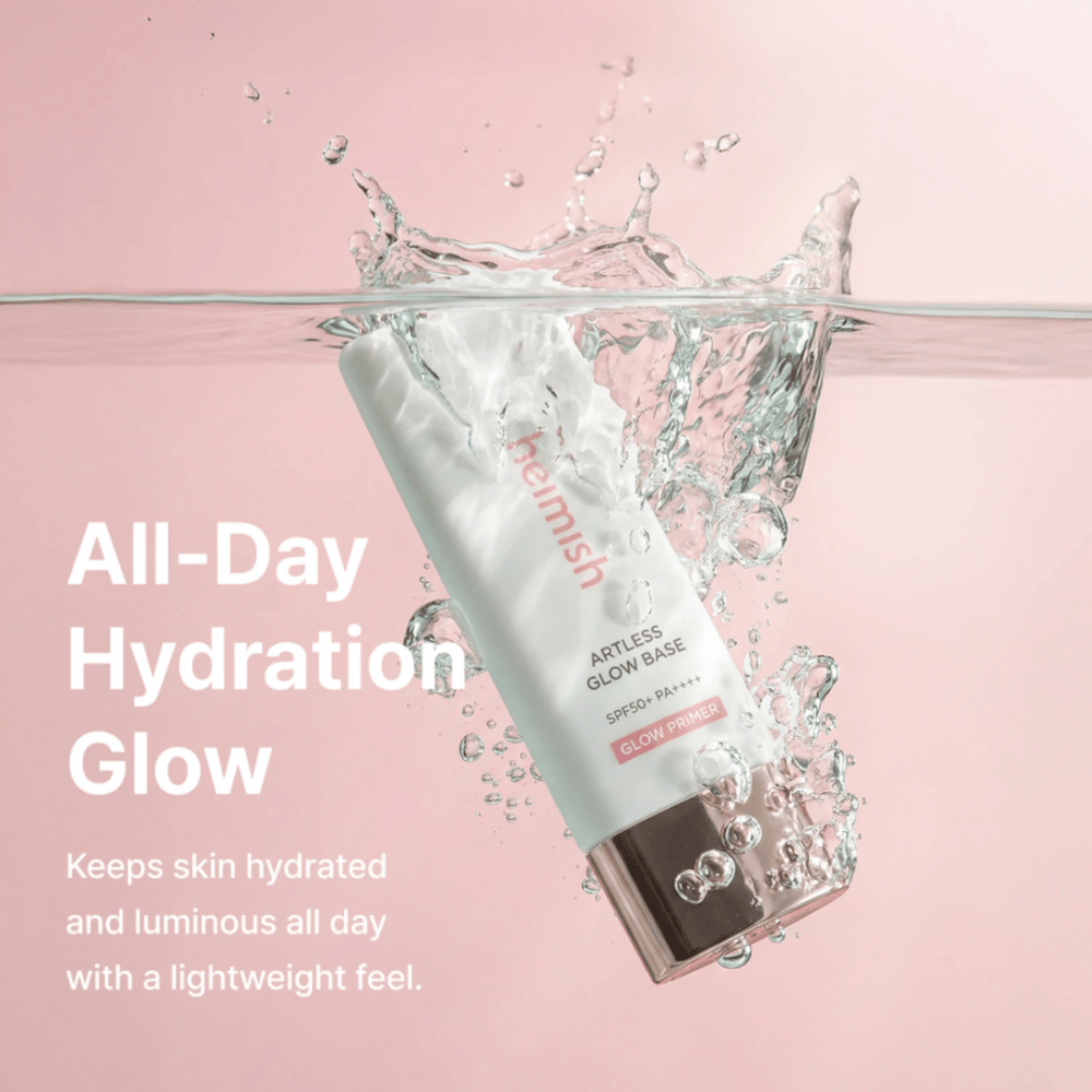 Heimish Artless Glow Base SPF50+ PA++++ – fuktighetsgivende solbeskyttelse og glow primer med lett formel for glød hele dagen.