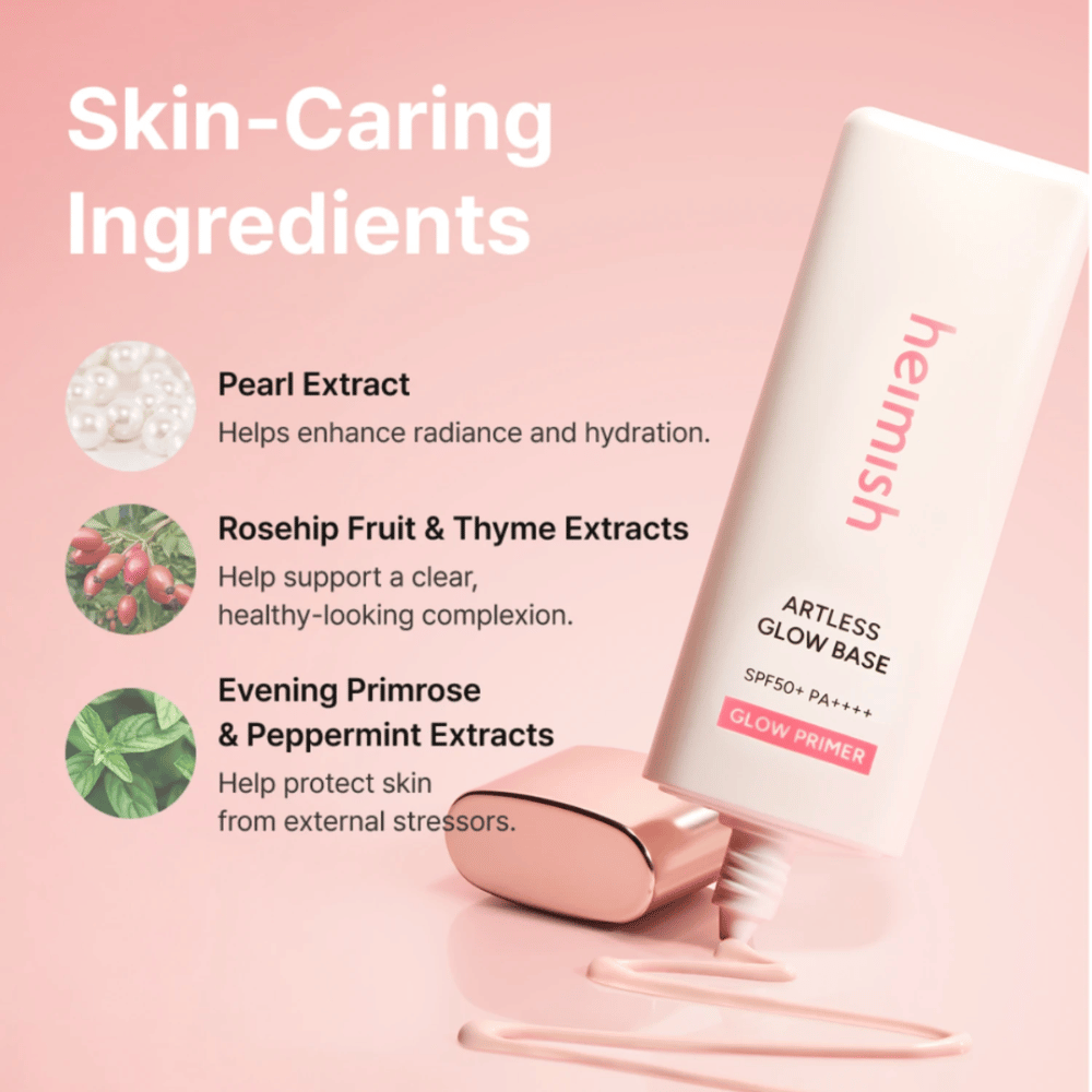 Heimish Artless Glow Base SPF50+ PA++++ med perleekstrakt, nype, timian, nattlysolje og peppermynte for fuktighet og glød.