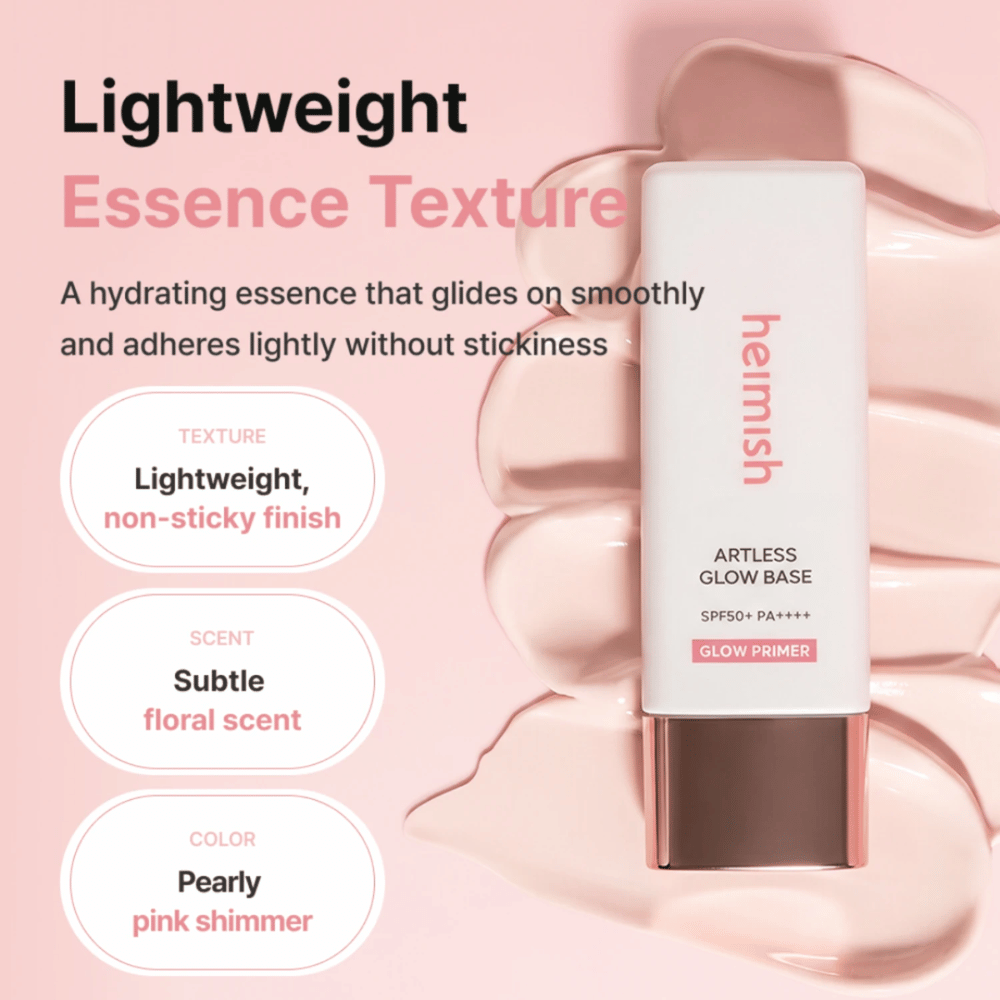 Heimish Artless Glow Base SPF50+ PA++++ – lett fuktighetsgivende glow primer med perlemorskimrende rosa finish uten klebrig følelse.