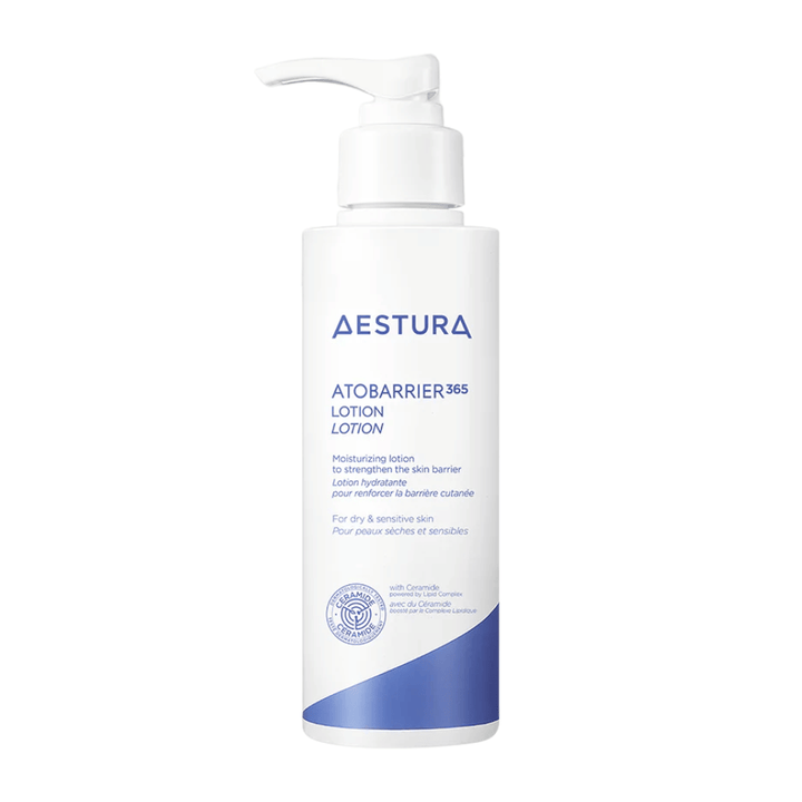 Produktbilde av AESTURA Atobarrier 365 Lotion – fuktighetsgivende lotion for tørr og sensitiv hud med ceramid og niacinamid.
