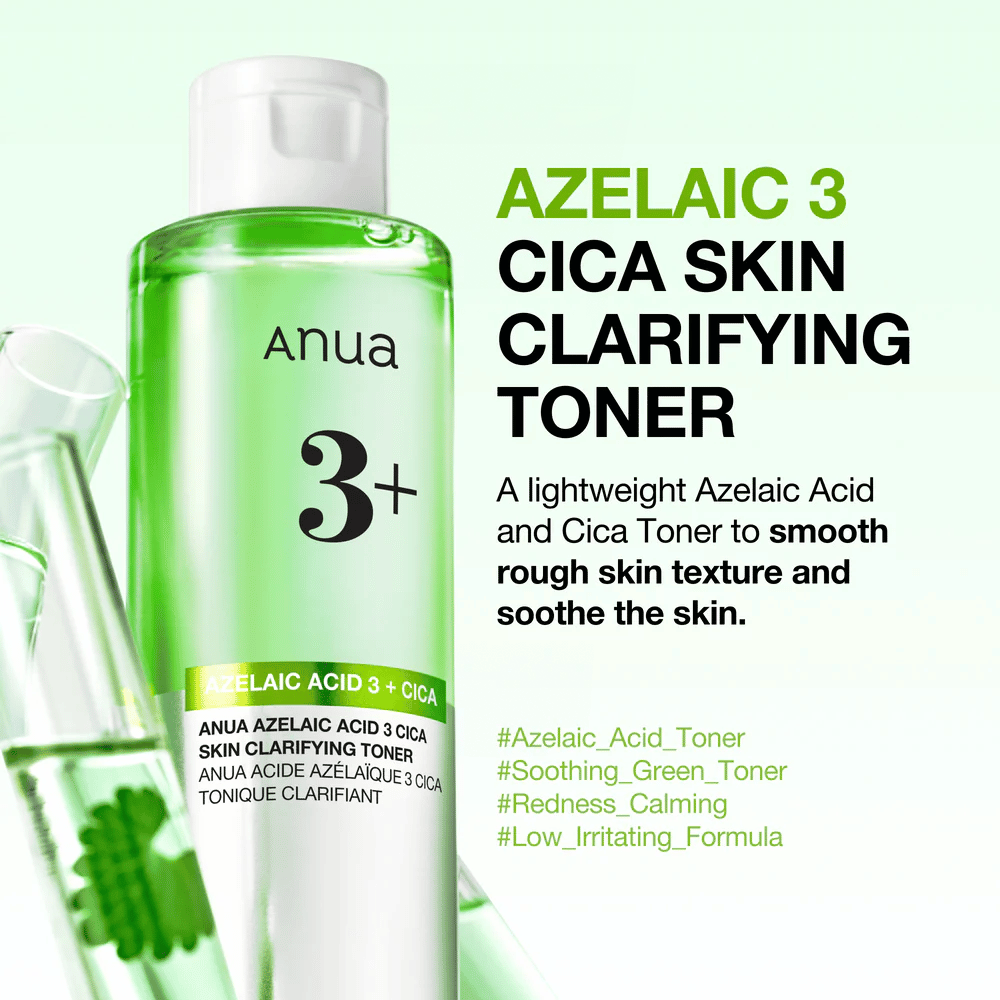 Anua Azelaic Acid 3 Cica Skin Clarifying Toner med 3 % azelainsyre og centella asiatica som skånsomt eksfolierer, beroliger huden og forbedrer hudens klarhet.