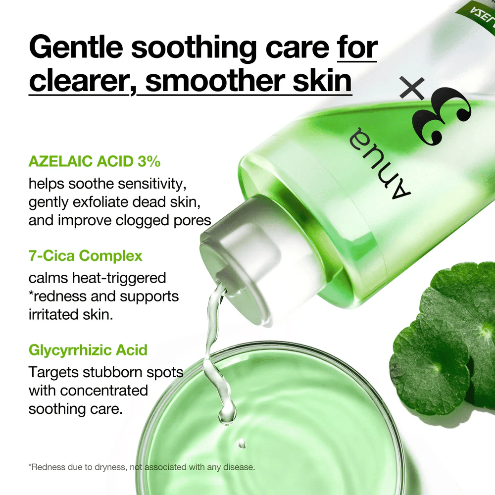 Anua Azelaic Acid 3 Cica Skin Clarifying Toner med 3 % azelainsyre, 7-Cica Complex og glykyrrhizinsyre som beroliger sensitiv hud og reduserer rødhet.