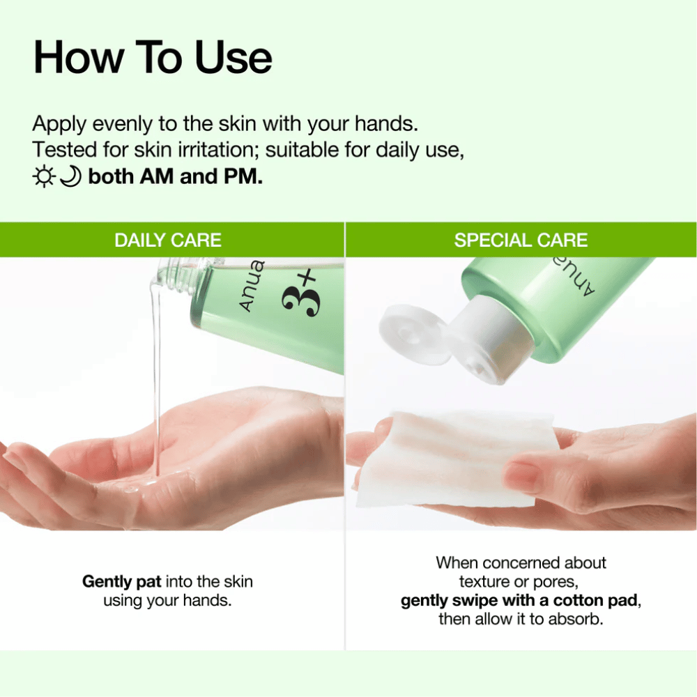 Anua Azelaic Acid 3 Cica Skin Clarifying Toner påføres med hendene eller en bomullspad for å berolige huden og forbedre hudstrukturen.