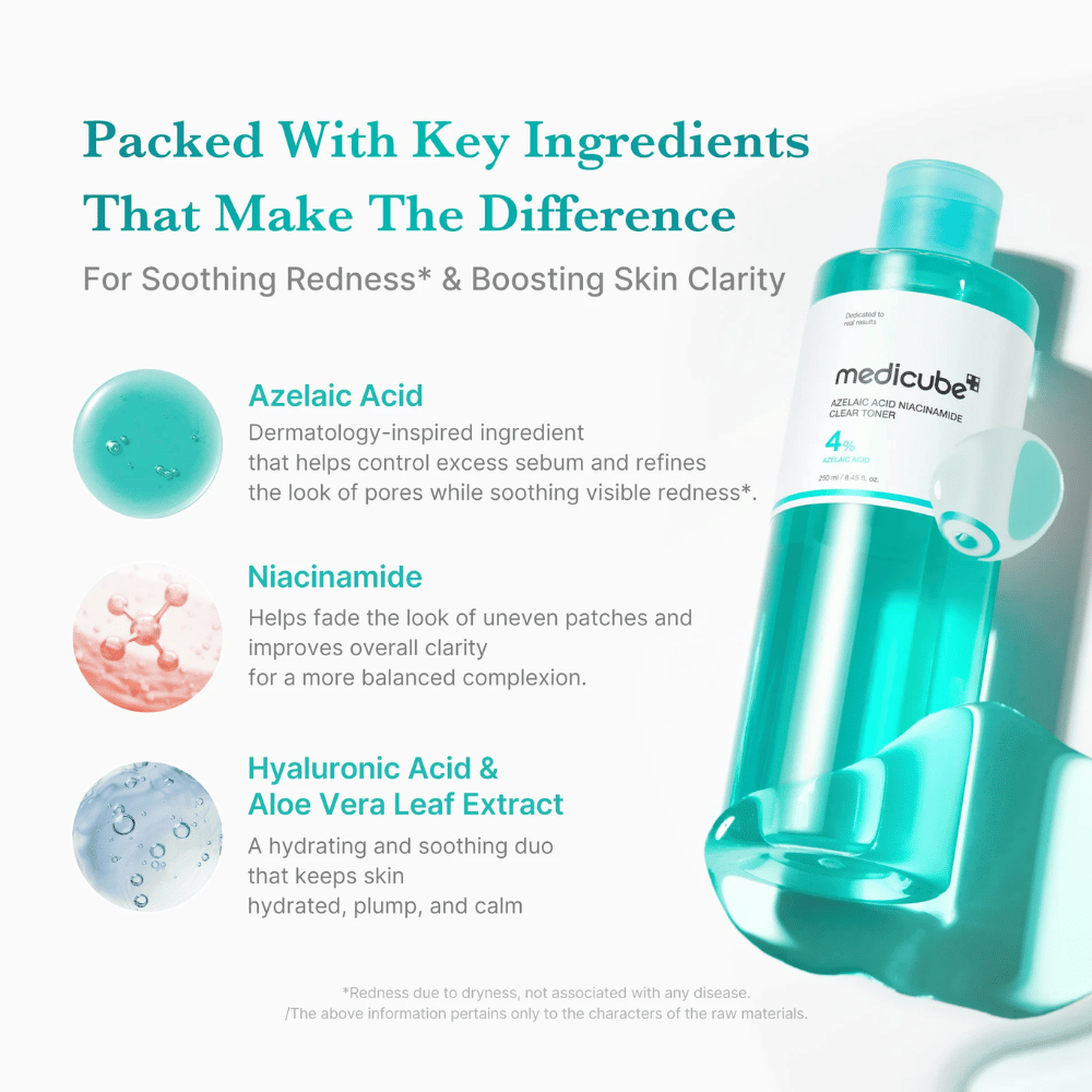 Medicube Azelaic Acid Niacinamide Clear Toner med azelainsyre, niacinamid, hyaluronsyre og aloe vera for å fukte, roe huden og forbedre hudens klarhet.