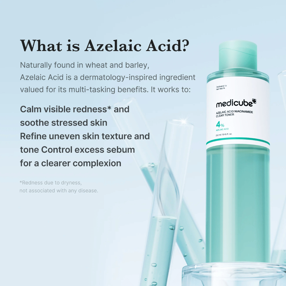 Medicube Azelaic Acid Niacinamide Clear Toner med 4 % azelainsyre som hjelper med å roe ned rødhet, jevne ut hudtonen og kontrollere overflødig sebum for klarere hud.