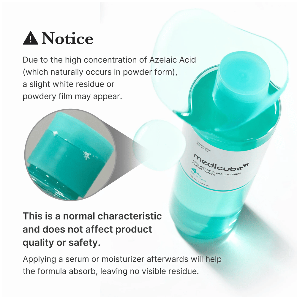 Medicube Azelaic Acid Niacinamide Clear Toner som viser naturlige krystallrester fra azelainsyre og forklarer at dette er normalt og ikke påvirker produktets kvalitet eller sikkerhet.