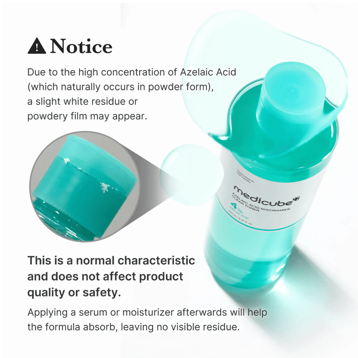 Medicube Azelaic Acid Niacinamide Clear Toner som viser naturlige krystallrester fra azelainsyre og forklarer at dette er normalt og ikke påvirker produktets kvalitet eller sikkerhet.