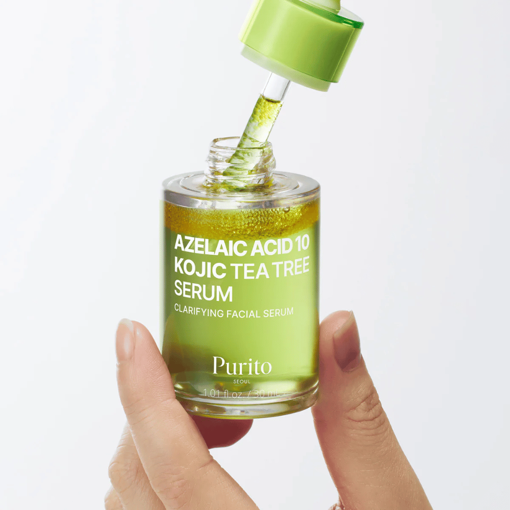 Purito Azelaic Acid 10 Kojic Tea Tree Serum – lett serum med pipette. Inneholder azelainsyre, kojic acid og tea tree for klarere hud.