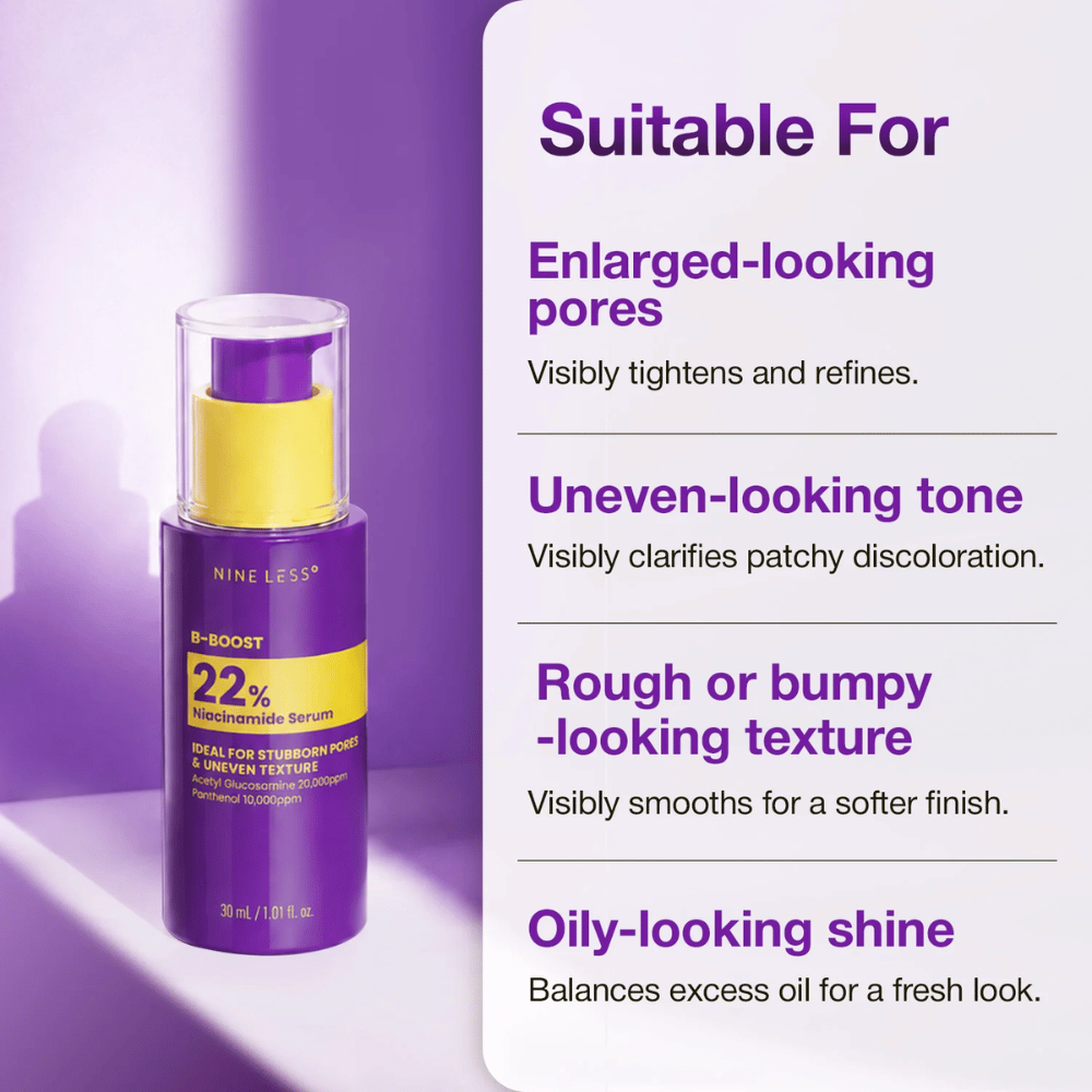 2. NINE LESS B-Boost 22% Niacinamide Serum – serum for store porer, ujevn hudtone og grov hudstruktur