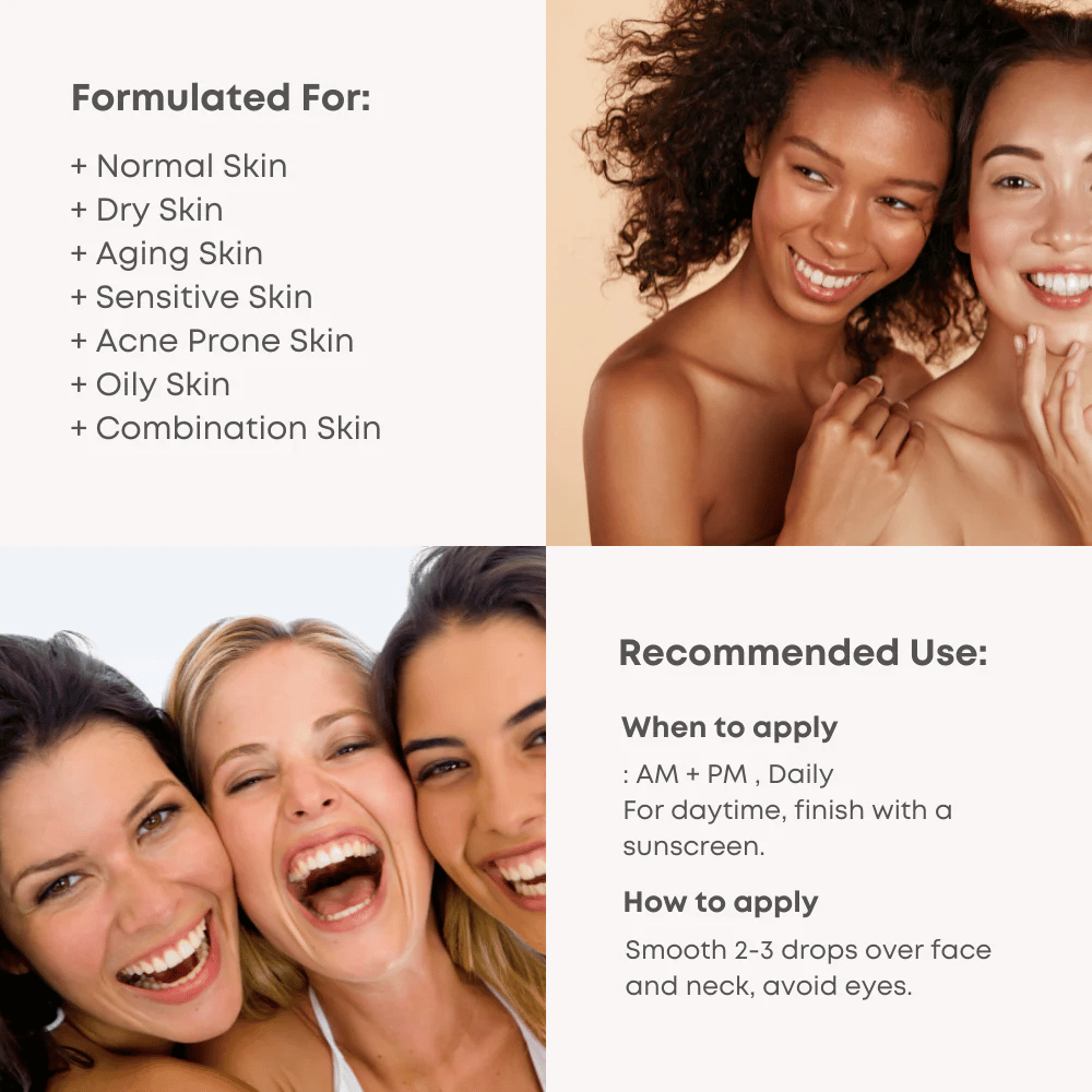 Produktinformasjon for B-Boost 10% Niacinamide Serum, inkludert anbefalinger for bruk og hudtyper.