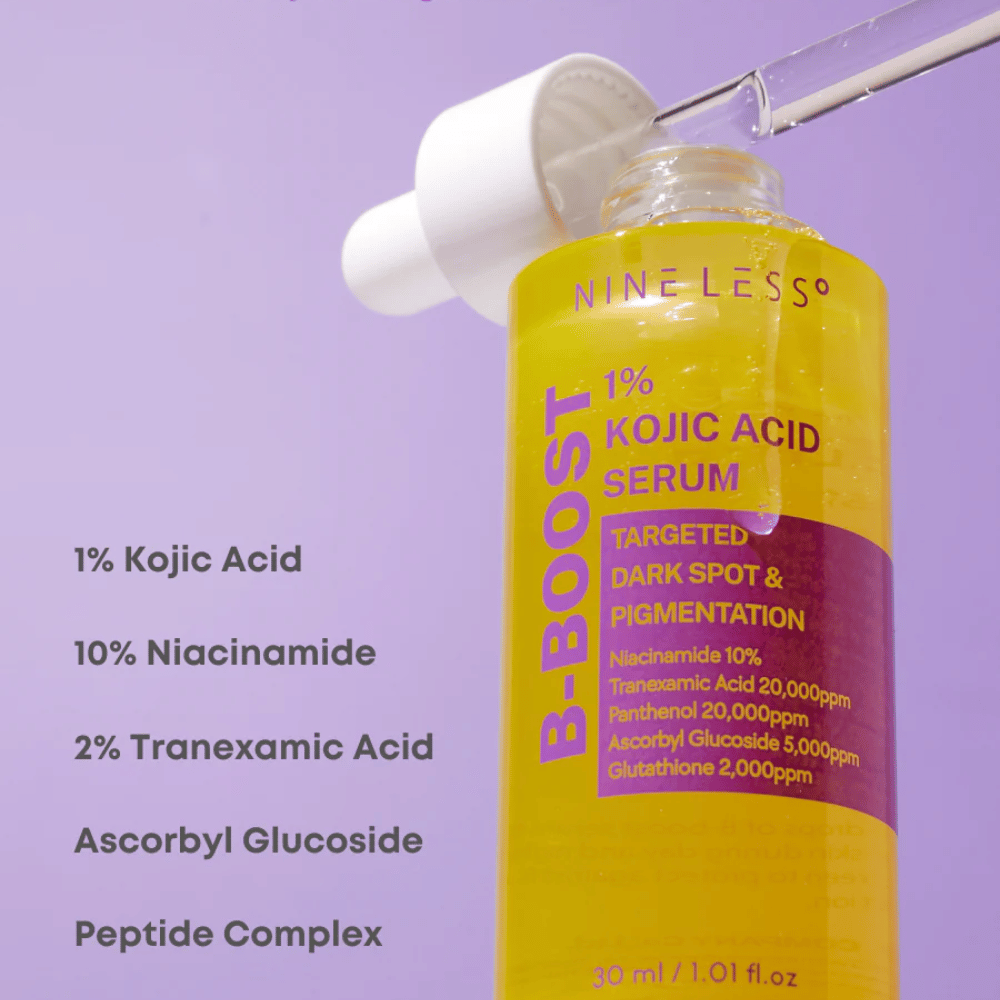 B-Boost 1% Kojic Acid Serum i flasker med pipette, for mørke flekker og pigmentering.