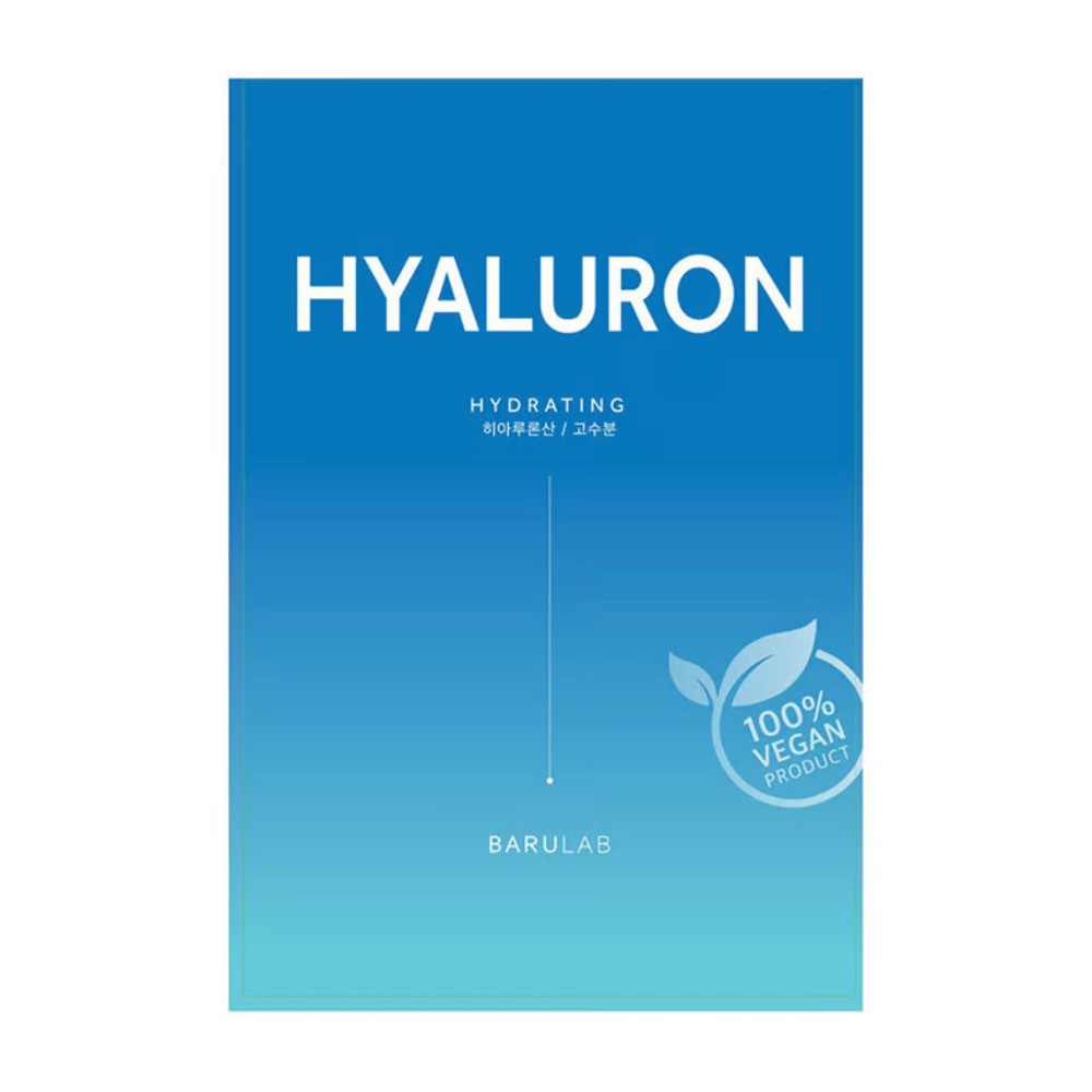 En pakke med BARULAB "HYALURON Hydrating" maske, merket som "100% Vegan Product". Pakken har en fargegradient fra mørkeblå øverst til lyseblå nederst.