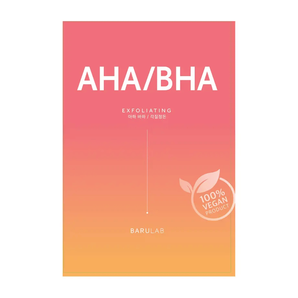 En BARULAB-produktpakke for en "AHA/BHA Exfoliating" maske, notert som "100% Vegan Product". Emballasjen går fra rød til gul i farge.