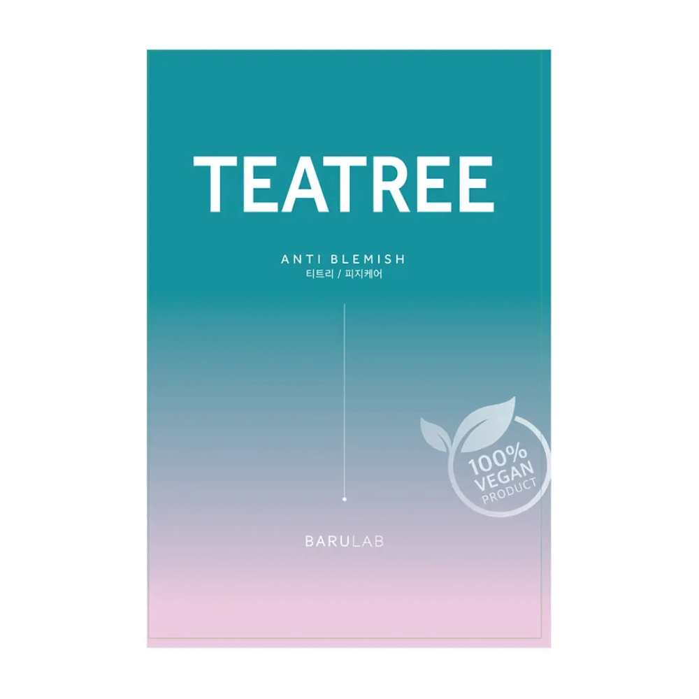 En pakke med BARULAB "TEATREE Anti Blemish" maske, merket som "100% Vegan Product". Pakningen har en fargegradient fra turkis på toppen til lys rosa på bunnen.